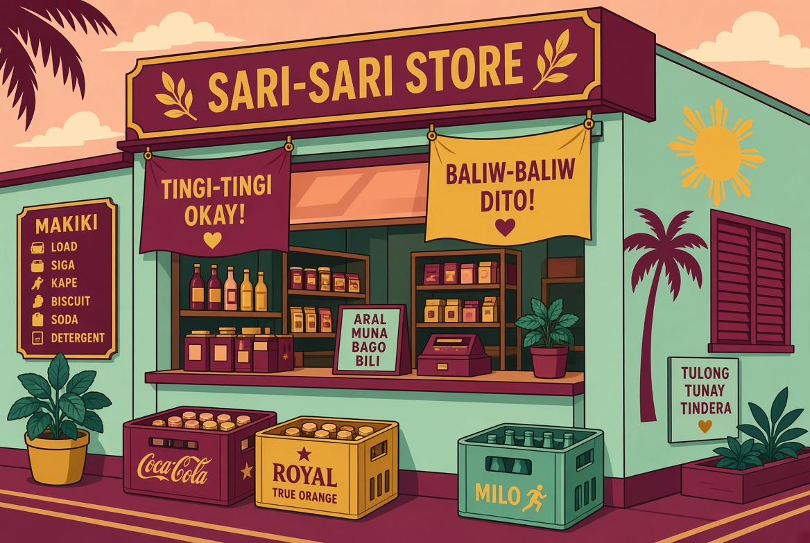 Corner sari-sari store with Coca-Cola fascia, Lucky Me tarp, and a GCash accepted-here plate beside a passing jeepney.