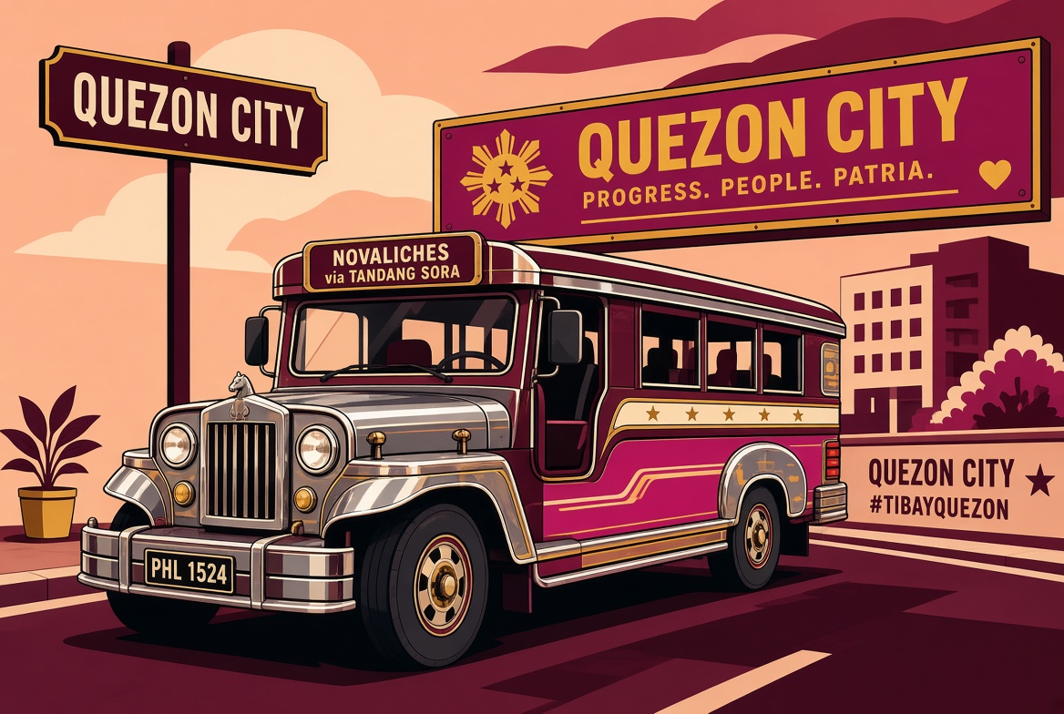 Chrome jeepney in Quezon City with a roof advertising board for a barangay detergent campaign.