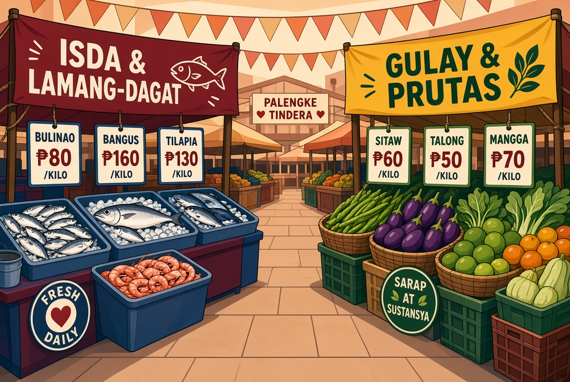 Pasig wet market aisle with tarpaulin stall headers for fish and vegetables and hanging peso-per-kilo cards.