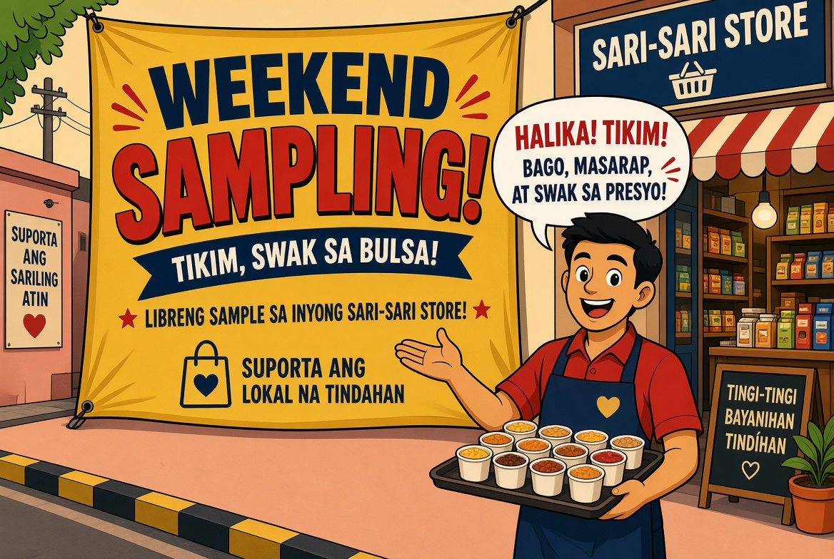 Weekend sampling barker at a sari-sari corner.