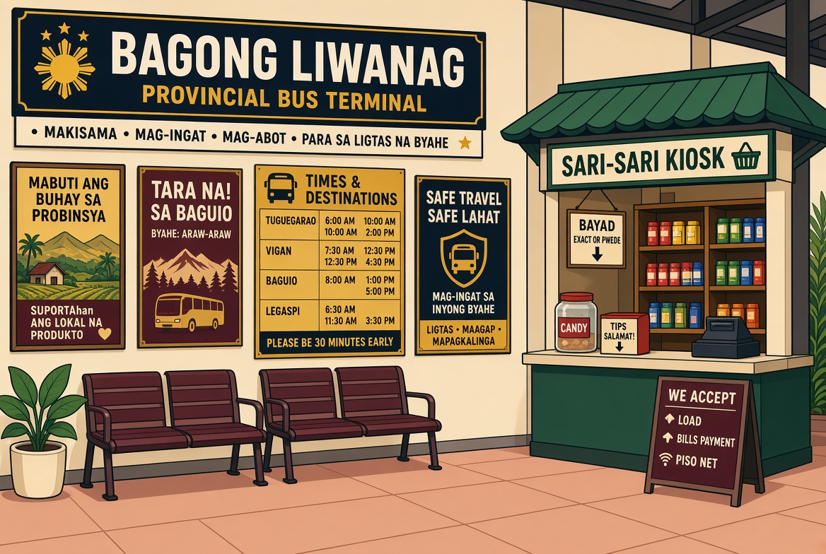 Bus terminal waiting area with posters, a small screen, and a sari-sari kiosk.