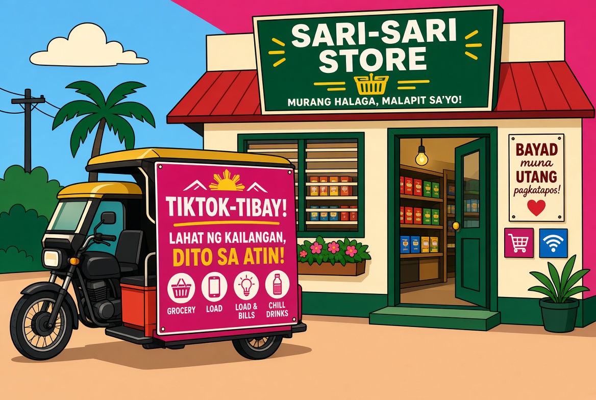 Barangay tricycle sidecar wrapped with a load-promo banner parked in front of a sari-sari store.